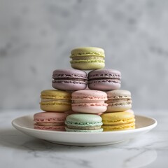Fototapeta premium Colorful French Macarons Stacked on White Plate with Marble Background