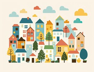 Homes and trees in town square cartoon illustration for architecture/real estate