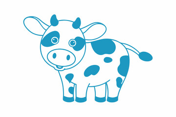 Line art of a cartoon cow with blue spots stands on the white background