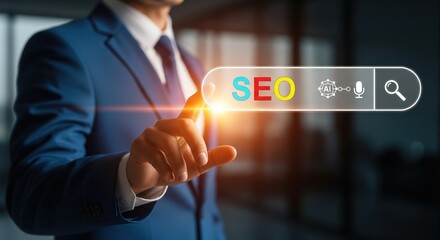 Business professional in blue suit reaching for glowing virtual SEO search bar with AI and voice icons