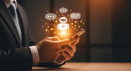 AI-driven customer service automation concept: robot-shaped chatbot symbol above mobile phone