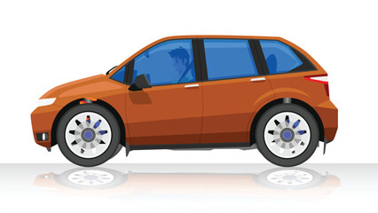Concept vector illustration of detailed side of a flat hatchback car orange color. Can view interior of car with driver. With reflection of a car on the ground.