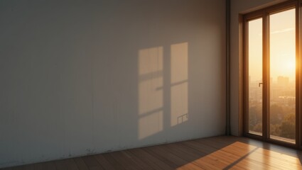 Empty Minimalist Room with Warm Sunset Light Casting Shadows through Large Window