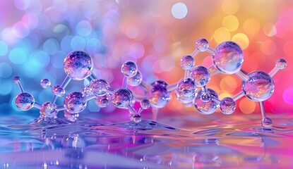 Molecule structure in water with colorful bokeh background for science illustration