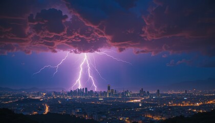 Dramatic Lightning Storm Over Illuminated City Skyline at Night