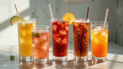 Assorted Colorful Iced Drinks with Fruit Garnishes in Sunlit Setting