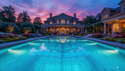 Grand Luxury Mansion with Illuminated Pool at Twilight
