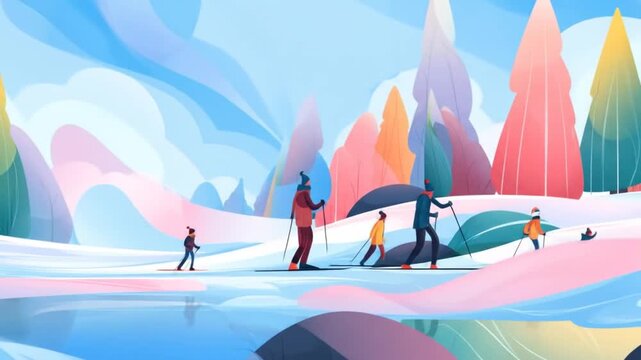 Animated skiers enjoy snowy landscape with vibrant colors and winter atmosphere