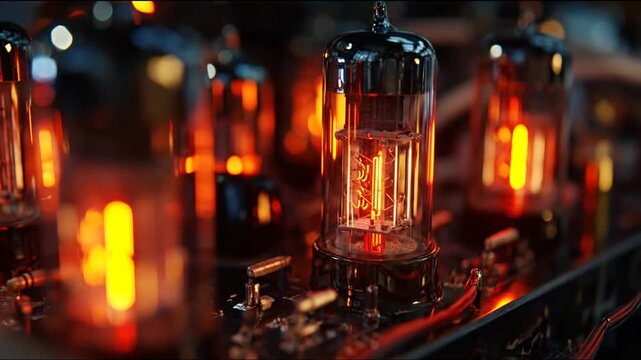 Close up of glowing vacuum tubes with a bokeh effect and warm lighting