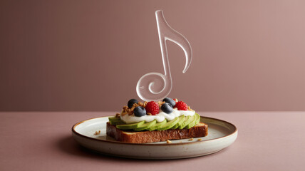Avocado toast dessert with yogurt berries granola and a glass music note topper gourmet creative food styling on ceramic plate against warm backdrop modern brunch concept