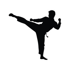 Black silhouette of a man performing a martial arts kick with style, martial artist doing roundhouse kick silhouette vector illustration