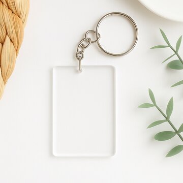 rectangular acrylic keychain mockup flat lay on white background with natural decor, perfect for branding, UV printing, personalized gifts, and product presentation.