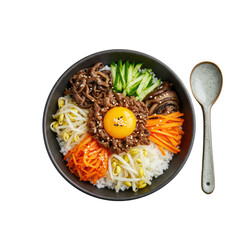 Top-down, studio-lit korean bibimbap in a dark ceramic bowl with bulgogi, kimchi, egg yolk, colorful vegetables, and rice, on transparent, no shadows, gourmet food presentation concept
