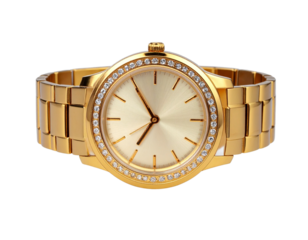  Luxury Gold Tone Diamond Women’s Watch Displayed Flat, Top-Down View, Isolated