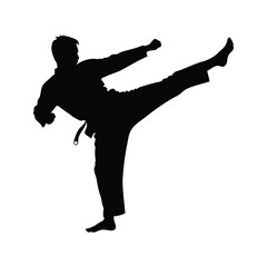 Silhouette of a martial artist performing a front kick with focused intensity, martial artist performing high kick silhouette vector illustration