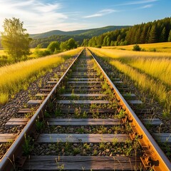 Tranquil Railroad Tracks Through Fields.