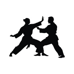 Two martial artists in a silhouette, practicing karate or taekwondo with focus, martial artist practicing with partner silhouette vector illustration