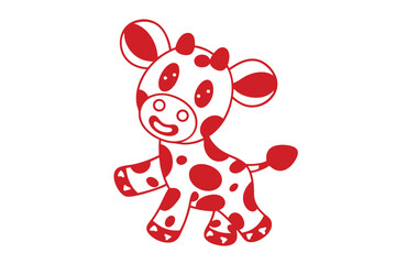 Playful red and white cartoon giraffe with happy smile stands against a white background