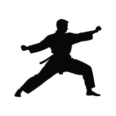 Karate Master Silhouette of a Practitioner in a Fighting Stance Against White, martial artist sparring silhouette vector illustration