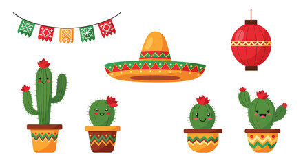 A cheerful collection of Mexican festive decorations and cacti.