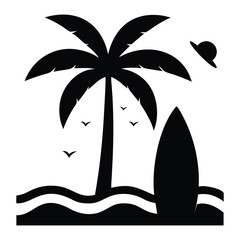 Black and white tropical beach scene with a palm tree, surfboard, and enigmatic UFO