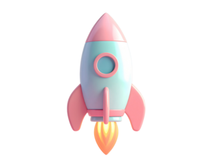 Fluffy 3D Cartoon Rocket Ship with Clouds, Front View, isolated