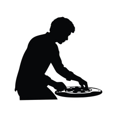 Silhouette of a DJ scratching a record on a turntable with focused attitude, person cutting pizza silhouette vector illustration