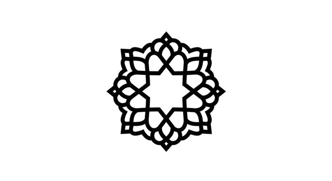 Intricate black outline of a geometric Islamic star pattern. Elegant vector graphic symbol with an ornamental circular mandala design for decoration