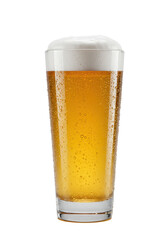 Pristine pint glass of cold golden lager beer, thick frothy head, bubbles, condensation, isolated on transparent background. Concept of refreshing premium beverage