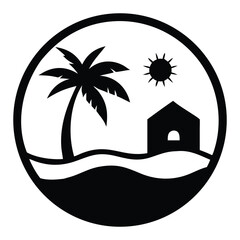 Minimalist vector illustration of a tropical island paradise with palm tree, hut, and sun