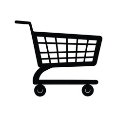 A black and white graphic illustration of a shopping cart icon, shopping cart in supermarket aisle silhouette vector illustration