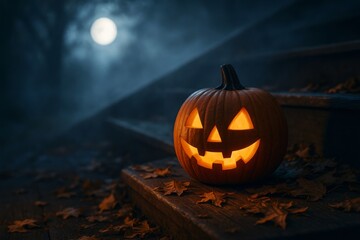 Lit jack-o'-lantern on autumn leaves-covered steps at night, realistic style, with full moon in foggy background, symbolizing Halloween