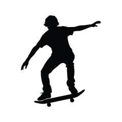 A skilled skateboarder silhouette performs a daring trick on a white background, skateboarder balancing on board silhouette vector illustration