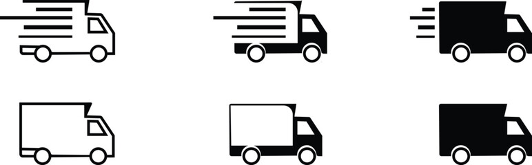 Simple, black outline icons of a delivery van with speed lines icon set, Express delivery trucks icons. Fast shipping truck. Free delivery 24 hours. Logistic trucking sign. used for mobile apps, web