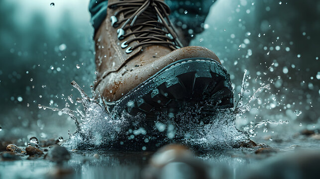 Close-up of hiking boots walking through a puddle, creating water splashes on a rocky surface.