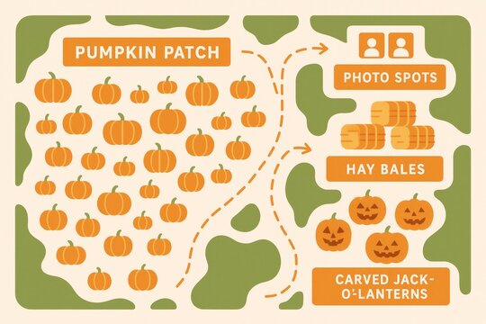 Illustrated pumpkin patch map in flat graphic style with pumpkins, hay bales, photo spots, and carved jack-o'-lanterns on a cream background