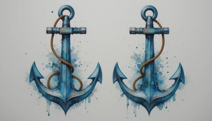 Obraz premium Blue Watercolor Anchors with Ropes