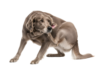 A gray dog is attentively scratching its ear, showcasing its attentive and slightly concerned expression.