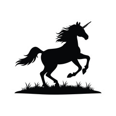 Silhouette of a majestic unicorn prancing through a field of grass in black, unicorn prancing in the meadow silhouette vector illustration