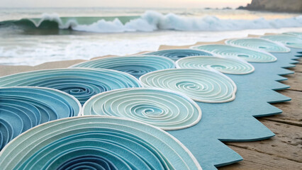 Layered blue paper art resembling ocean waves placed on wooden surface by beach, with waves crashing in background