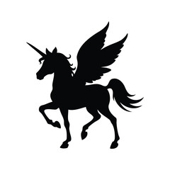 Black silhouette illustration of a winged unicorn standing against a white background, unicorn with fairy wings silhouette vector illustration