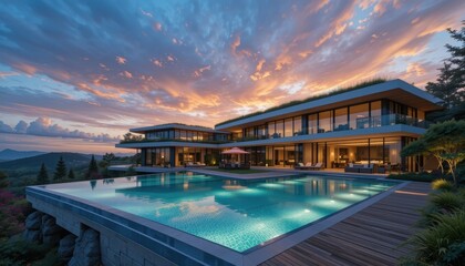 Fototapeta premium Modern Luxury Villa with Infinity Pool at Sunset