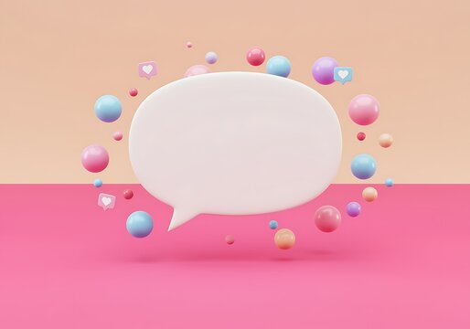 3D rendering of speech bubble surrounded by spheres and like icons representing communication and engagement in social media marketing