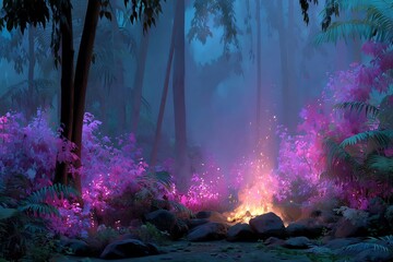 Obraz premium Enchanted forest scene with vibrant purple and pink glowing foliage illuminated by a warm, ethereal light.