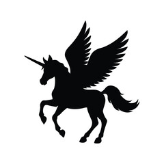 Majestic black silhouette of a winged unicorn on a white background, unicorn with wings silhouette vector illustration