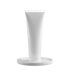 transparent minimalist squeeze tube with textured cap on a white ceramic plate, angled against a transparent background, shadowless studio lighting. Concept of product purity and high quality