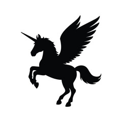 Majestic winged unicorn silhouette rearing on its hind legs in darkness, unicorn with wings silhouette vector illustration
