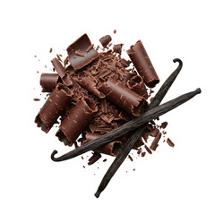Meticulously arranged dark chocolate shavings & delicate vanilla bean pod on seamless transparent background with diffused studio light, top-down flat lay. Concept of luxurious gourmet ingredients