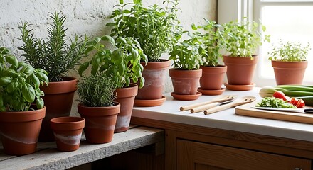Vibrant collection of potted herbs and plants thriving indoors near a sunny window with fresh produce.