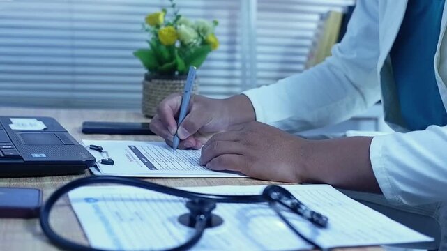 Doctor's hands, documents, and writing in a medical checklist, medical record, or hospital record for patient care or progress. Clinician or surgeon at clipboard, documents, and medical results or rep